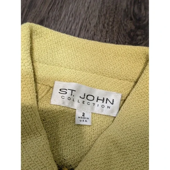 St John Collection USA Santana Knit Jacket Size 2 Yellow 3/4 Sleeve Zip Up READ!